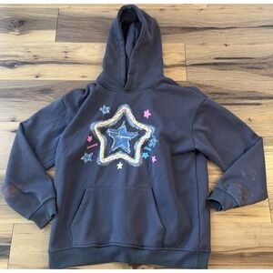 Elfric Eden Star Patch Hoodie Brown Graphic Pullover Distressed Bleach L READ